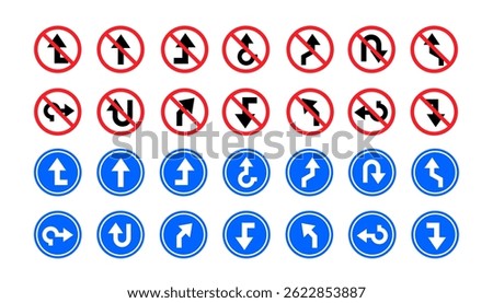 Road arrow sign. Navigation arrows symbol. Direction pointers, way sign. Driving marks, transport indicators icons. Turns, curves, straight paths, U-turns lane, signpost vector set.