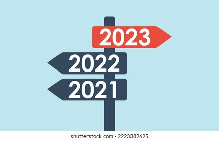 road arrow sign with red 2023 and grey 2022 2021 directions, business strategy or success way concept, move forward vector infographics