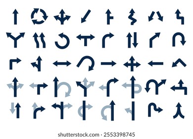 Road arrows. Navigation arrow for traffic, direction marks and routs. Black location points, trail signs turning straight right left, recent vector set