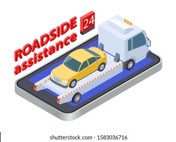 Road assistance concept. Isometric tow truck. Online roadside assistance, car service mobile app