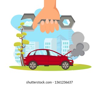 Road Assistance Flat Vector Cartoon Illustration. Hand Holding Wrench, Automobile Breakdown Isolated Cartoon Design Element. Vehicle with Open Hood and Steam. Auto Service, Workshop. Road Accident.