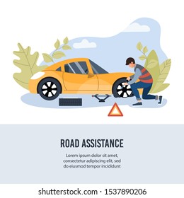 Road assistance. Mechanic changing wheel on a roadside. Banner for insurance or roadside service. Flat vector illustration.