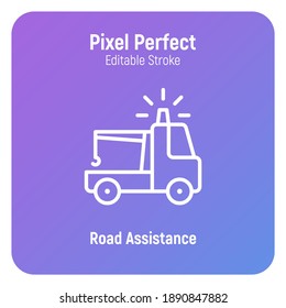 Road assistance thin line icon. Evacuator for damaged car. Pixel perfect, editable stroke. Vector illustration.