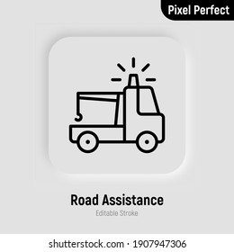 Road Assistance Thin Line Icon. Evacuator For Damaged Car. Pixel Perfect, Editable Stroke. Vector Illustration.