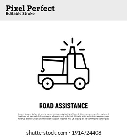 Road assistance thin line icon. Evacuator for damaged car. Pixel perfect, editable stroke. Vector illustration.