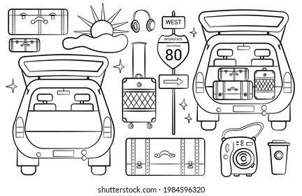 Viaje en coche por carretera. Conjunto de elementos de diseño de viaje de garabatos. Perfiles de viaje por carretera dibujados a mano perfectos para viajes de vacaciones y volantes y carteles de viaje