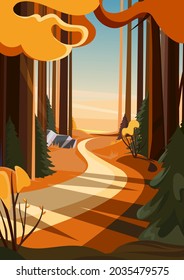 Road in autumn forest at sunset. Nature landscape in vertical orientation.
