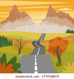 Road autumn landscape. Vector illustration in flat style