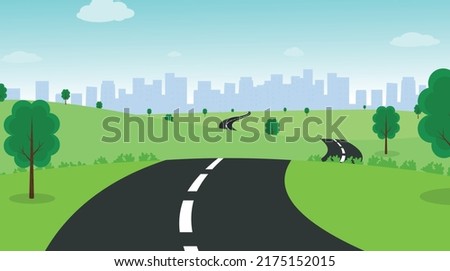 Road Background Vector, Road, Landscape, green land, buildings, city