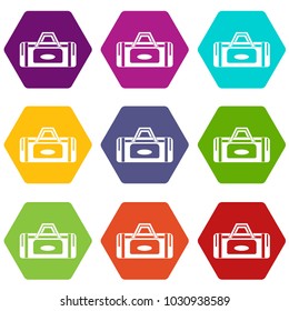 Road bag icon set many color hexahedron isolated on white vector illustration