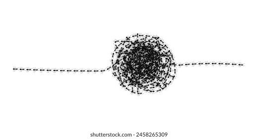 Ilustración vectorial de diseño de vista superior de carretera y bola de hormigas aislada sobre fondo blanco. Curva de línea de sendero de hormigas bicho en fila, enredo de ellos. Ilustración de control de plagas o búsqueda de insectos.