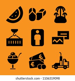 road, banking, postmark, surreal, bill and economy icon vector set. Flat vector design with filled icons. Designed for web and software interfaces