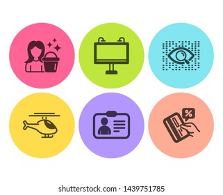 Road banner, Artificial intelligence and Helicopter icons simple set. Cleaning, Id card and Credit card signs. Advertisement, Find data. Business set. Flat road banner icon. Circle button. Vector
