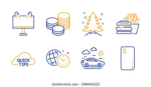 Road banner, Burger and Christmas tree line icons set. Time management, Tips and Quick tips signs. Car travel, Smartphone cover symbols. Advertisement, Cheeseburger. Business set. Vector