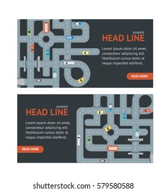 Road Banner Card Vertical Set Urban Map Top View Position. Design Highway. Vector illustration