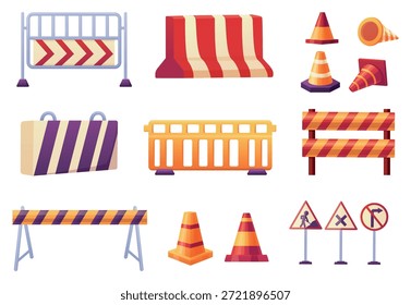 Straßensperrelemente. Gestreifte Zapfen, Blöcke und Banner, Straßenschilder und Zäune. Sicherheitsverkehr, Straßenelemente. Bau- und Reparaturschranken, heutzutage Vektorclipart