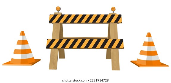 Road barrier with cone vector illustration. Under construction fence concept isolated on white background.