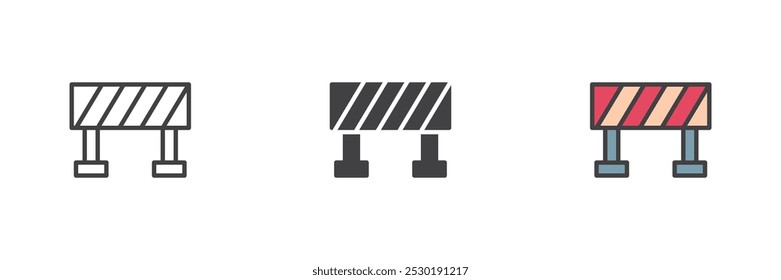 Barrera de carretera diferente conjunto de iconos de estilo. Línea, glifo y contorno relleno versión colorida, contorno y signo de Vector relleno. Símbolo, ilustración del logotipo. Gráficos de Vector