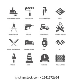 Road barrier, Driller, Dustpan and Brush, Paint roller, Ax, Saw, Carpenter Warning icon 16 set EPS 10 vector format. Icons optimized for both large small resolutions.