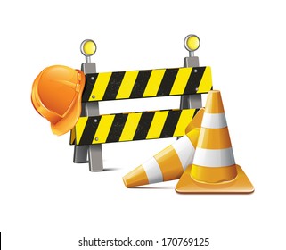 Road Barrier With Hard Hat And Traffic Cone