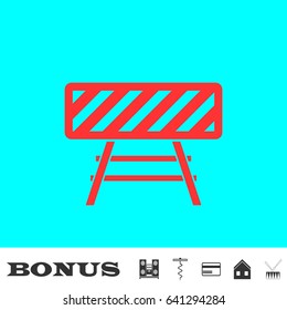Road barrier icon flat. Red pictogram on blue background. Vector illustration symbol and bonus buttons Music center, corkscrew, credit card, house, drum