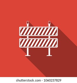 Road barrier icon isolated with long shadow. Symbol of restricted area which are in under construction processes. Fence of building or repair works sign. Hurdle icon. Vector Illustration