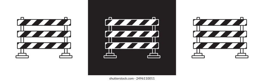 Road barrier icon and road repair safety sign, road closure and pedestrian barrier, visibility barrier flat. Stop blocking traffic.  traffic barrier isolated on black white and transparent background 