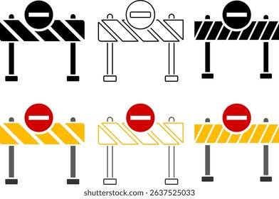 Road barrier icon set. Construction Barrier. Safety barricade sign. Stop traffic road.  Under construction highway restricted symbol. Forbidden way. Travel prohibited
