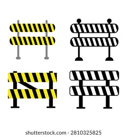 Road barrier icon set. Construction Barrier. Stop traffic road. Yellow and black Traffic concrete barricades sign collection, Roadblock icon set in black and yellow colored versions.