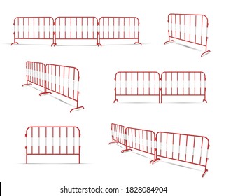 Road barrier linked by two or three elements red realistic constructions. Portable metal fence. Front, side, isometric view. Lattice railing. Work zone equipment. Vector set isolated on white.