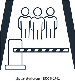 Road, barrier, people. People behind the barrier. Vector linear icon on a white background.