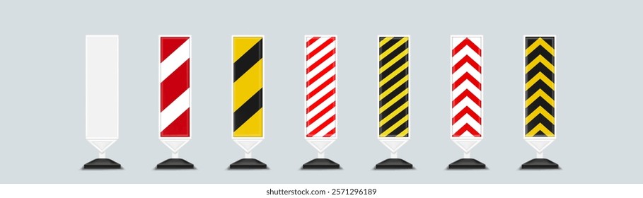 Road barrier post collection showing different warning patterns - plain white, diagonal red and white stripes, yellow and black lines, arrow designs. Traffic safety markers for construction areas.