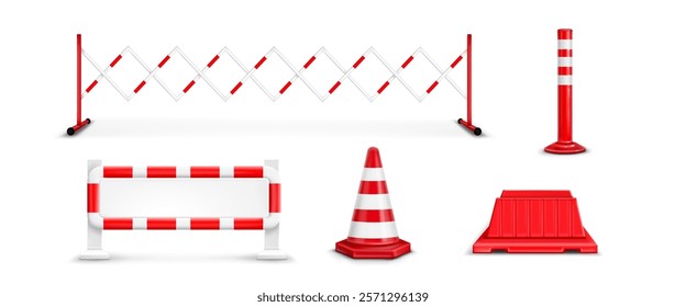 Road barrier set with red and white striped elements - expandable fence, safety barrier, traffic cone, plastic divider and warning post. Transportation protective equipment for construction zones.