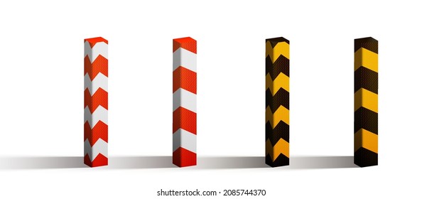Road barrier, striped white and red road. Road block with signal lamp. Barricade safety barrier construction.