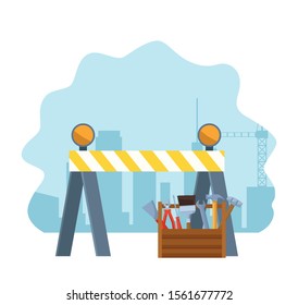 road barrier and tools box over under construction scenery and white background, colorful design , vector illustration
