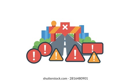 Road barrier and traffic signs displaying warning exclamation marks against a urban backdrop with blue buildings.