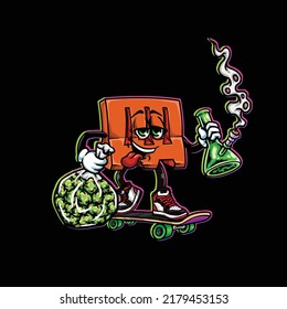 road barrier vector hold smoking bong, weed nug bag cannabis bud flower marijuana and play skateboard with happy face