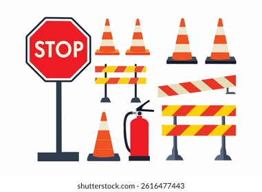 Road barriers set. Various traffic signs and cones near stop roadsign. Traffic control during construction and repairs. Navigation and direction. Flat vector collection isolated on white background 