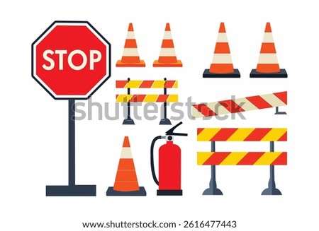 Road barriers set. Various traffic signs and cones near stop roadsign. Traffic control during construction and repairs. Navigation and direction. Flat vector collection isolated on white background 