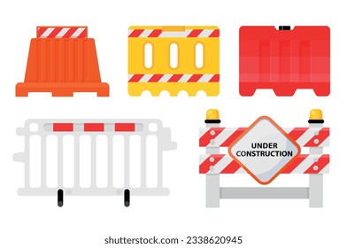 Barreras de carretera y señales de colorido protección de renovación de tráfico cremallera puntero de protección industrial conjunto de ilustración plana vectorial. Parada de construcción de corredera de carreteras bloque de valla de madera de plástico lámpara iluminada