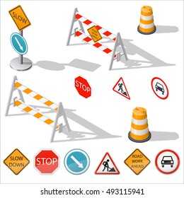 Road barriers and signs isometric detailed icon set, vector graphic illustration design