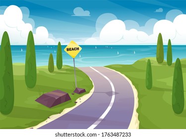 The road to the beach. Beautiful road on the natural landscape to the beach with a pointer, sign. Vector illustration in cartoon flat style.