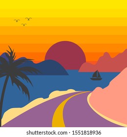 Road to the beach with coconut tree mountain on sideway and sunset sky