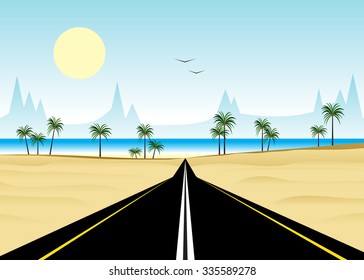 the road to a beach with palm trees, against the Blue Mountains and the sky