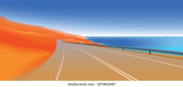 road between desert and sea, vector illustration of a free road to a dream place