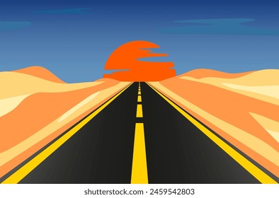 Carretera entre desiertos hacia la puesta de sol en el horizonte - paisaje abstracto bajo el cielo azul. Ilustración vectorial.