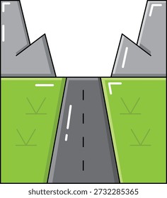Road Between Green Fields and Rocky Cliffs Flat Vector Illustration