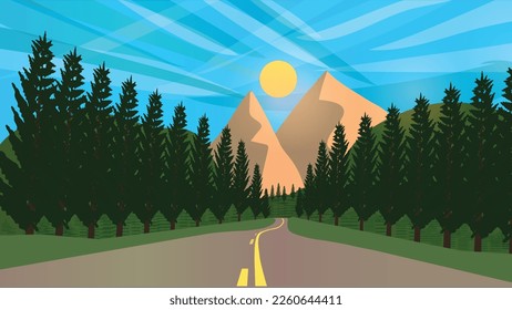 Road between mountains in bright sunny day