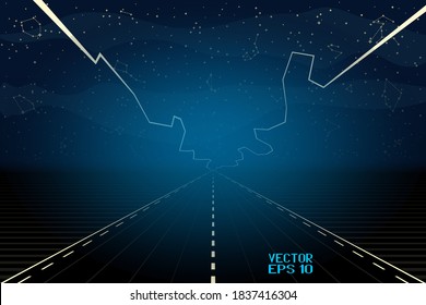 Road beyond the Horizon. Panoramic Sky Map of Hemisphere. Lightning in Clouds Isolated on Starry Background. Vector. 3D Illustration