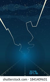 Road beyond the Horizon. Panoramic Sky Map of Hemisphere. Lightning in Clouds Isolated on Starry Background. Vector. 3D Illustration